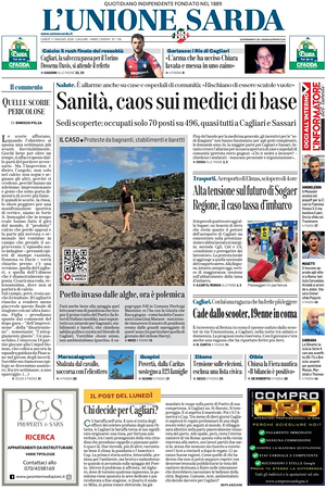 Prima pagina L'Unione Sarda di oggi - Quotidiano regionale