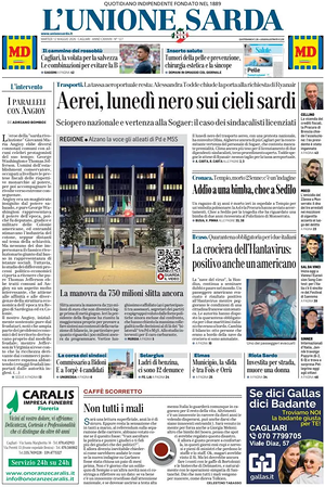 Prima pagina L'Unione Sarda di oggi - Quotidiano regionale