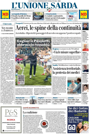 Prima pagina L'Unione Sarda di oggi - Quotidiano regionale