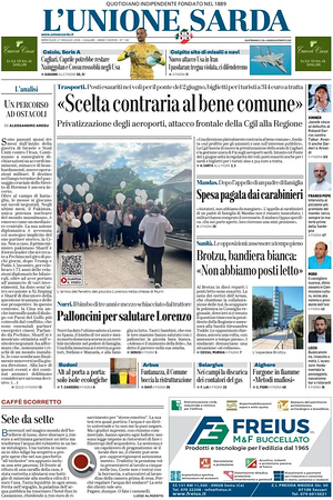Prima pagina L'Unione Sarda di oggi - Quotidiano regionale