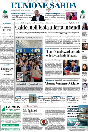 Prima pagina L'Unione Sarda di oggi - Quotidiano regionale