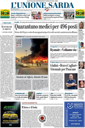 Prima pagina L'Unione Sarda di oggi - Quotidiano regionale