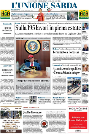 Prima pagina L'Unione Sarda di oggi - Quotidiano regionale