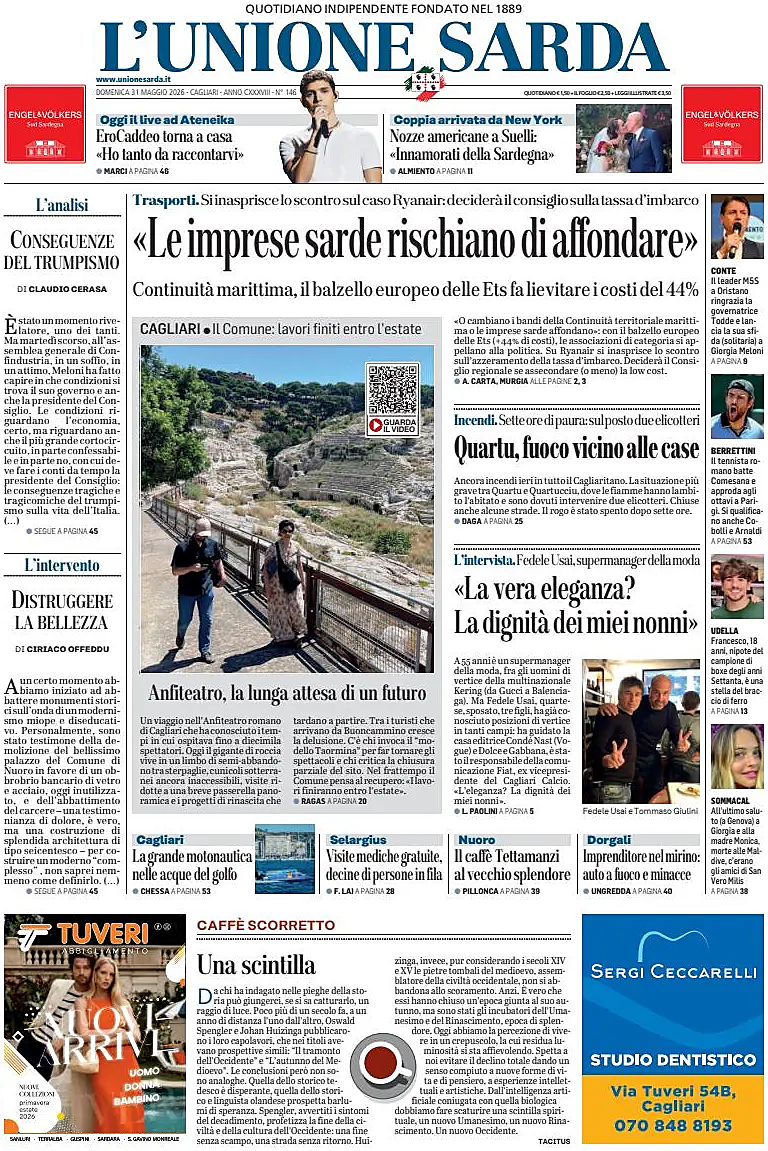 Prima pagina L'Unione Sarda di oggi - Edicola 31 Maggio 2026