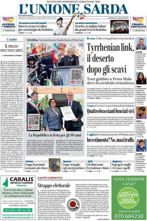 Prima pagina L'Unione Sarda di oggi - Quotidiano regionale
