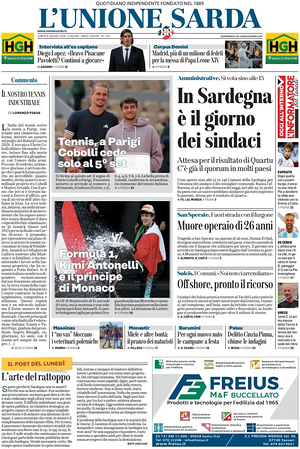 Prima pagina L'Unione Sarda di oggi - Quotidiano regionale