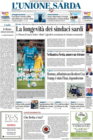 Prima pagina L'Unione Sarda di oggi - Quotidiano regionale