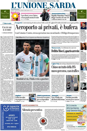 Prima pagina L'Unione Sarda di oggi - Quotidiano regionale