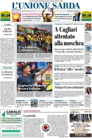 Prima pagina L'Unione Sarda di oggi - Quotidiano regionale