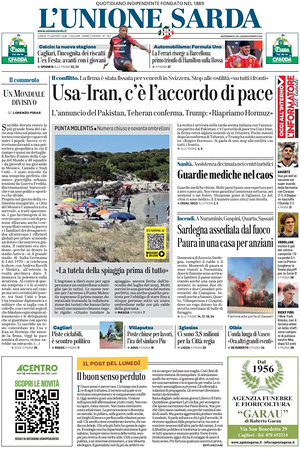 Prima pagina L'Unione Sarda di oggi - Quotidiano regionale
