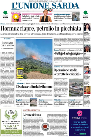 Prima pagina L'Unione Sarda di oggi - Quotidiano regionale