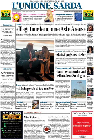 Prima pagina L'Unione Sarda di oggi - Quotidiano regionale