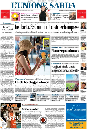 Prima pagina L'Unione Sarda di oggi - Quotidiano regionale