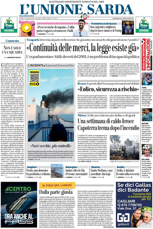 Prima pagina L'Unione Sarda di oggi - Quotidiano regionale