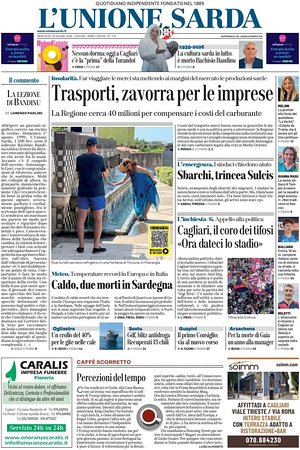 Prima pagina L'Unione Sarda di oggi - Quotidiano regionale