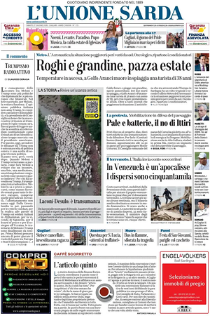 Prima pagina L'Unione Sarda di oggi - Quotidiano regionale