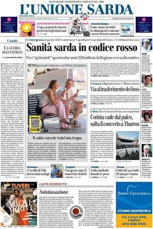 Prima pagina L'Unione Sarda di oggi - Quotidiano regionale