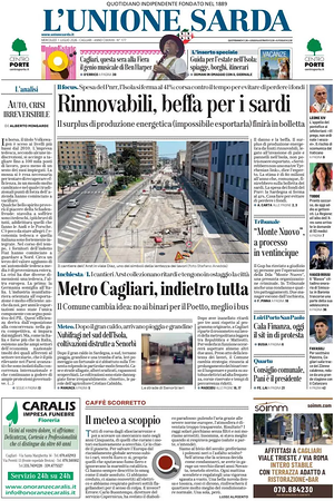 Prima pagina L'Unione Sarda di oggi - Quotidiano regionale