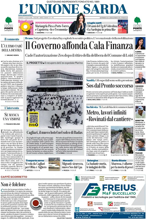 Prima pagina L'Unione Sarda di oggi - Quotidiano regionale
