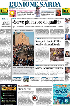 Prima pagina L'Unione Sarda di oggi - Quotidiano regionale
