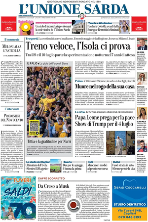 Prima pagina L'Unione Sarda di oggi - Quotidiano regionale