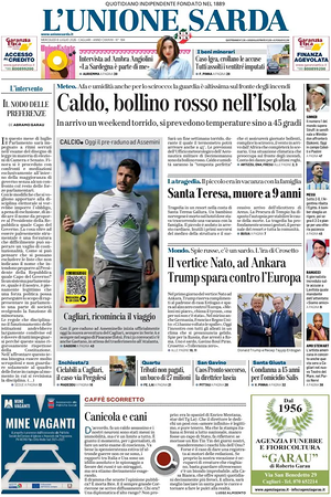 Prima pagina L'Unione Sarda di oggi - Quotidiano regionale