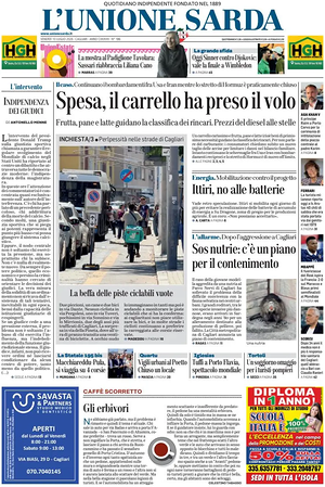 Prima pagina L'Unione Sarda di oggi - Quotidiano regionale