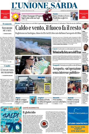 Prima pagina L'Unione Sarda di oggi - Quotidiano regionale