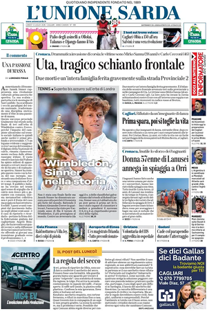 Prima pagina L'Unione Sarda di oggi - Quotidiano regionale