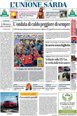 Prima pagina L'Unione Sarda di oggi - Quotidiano regionale