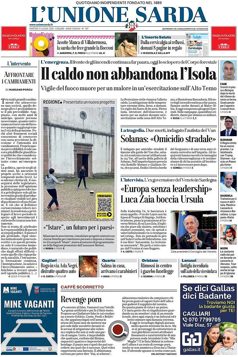 Prima pagina L'Unione Sarda di oggi - Edicola 21 Luglio 2026
