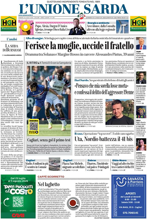 Prima pagina L'Unione Sarda di oggi - Quotidiano regionale