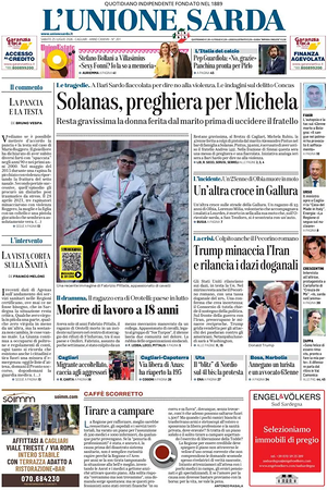 Prima pagina L'Unione Sarda di oggi - Quotidiano regionale