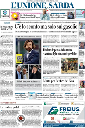 Prima pagina L'Unione Sarda di oggi - Quotidiano regionale