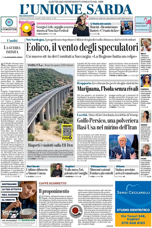 Prima pagina L'Unione Sarda di oggi - Quotidiano regionale