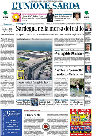 Prima pagina L'Unione Sarda di oggi - Quotidiano regionale