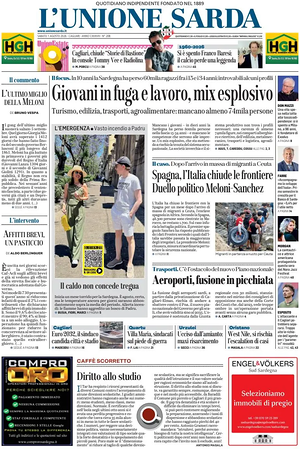 Prima pagina L'Unione Sarda di oggi - Quotidiano regionale