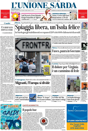 Prima pagina L'Unione Sarda di oggi - Quotidiano regionale