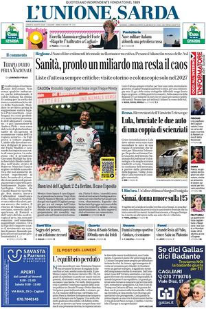 Prima pagina L'Unione Sarda di oggi - Quotidiano regionale