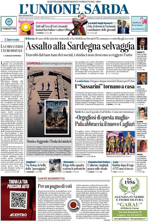 Prima pagina L'Unione Sarda di oggi - Quotidiano regionale