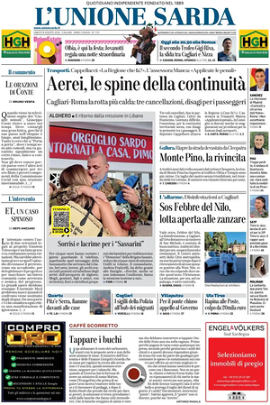 Prima pagina L'Unione Sarda di oggi - Quotidiano regionale
