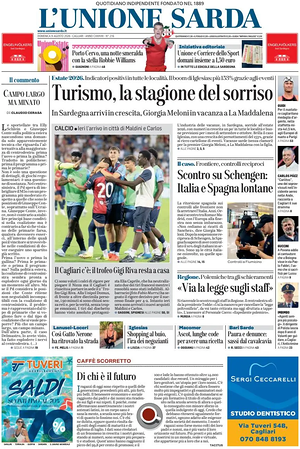 Prima pagina L'Unione Sarda di oggi - Quotidiano regionale