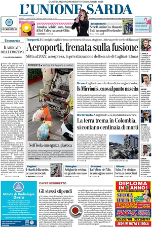 Prima pagina L'Unione Sarda di oggi - Quotidiano regionale