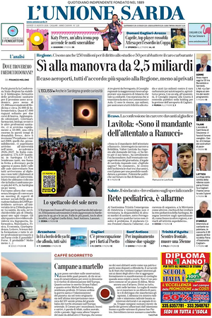 Prima pagina L'Unione Sarda di oggi - Quotidiano regionale