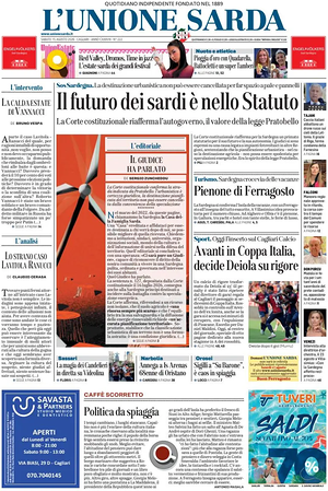 Prima pagina L'Unione Sarda di oggi - Quotidiano regionale