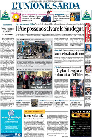 Prima pagina L'Unione Sarda di oggi - Quotidiano regionale