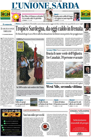 Prima pagina L'Unione Sarda di oggi - Quotidiano regionale