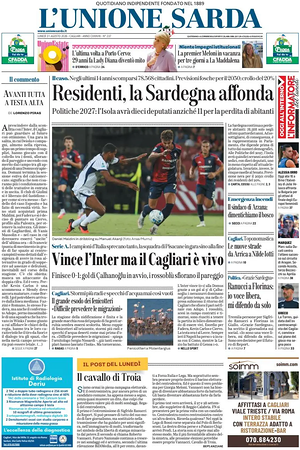 Prima pagina L'Unione Sarda di oggi - Quotidiano regionale