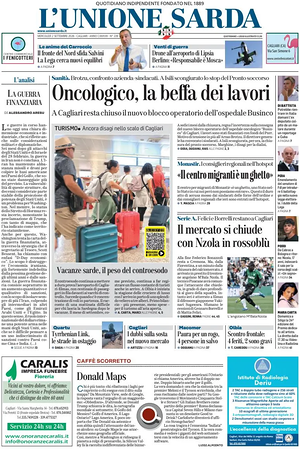 Prima pagina L'Unione Sarda di oggi - Quotidiano regionale