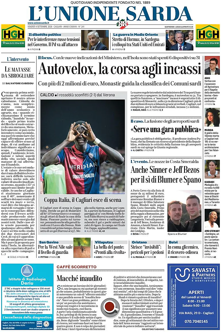 Prima pagina L'Unione Sarda di oggi - Edicola 4 Settembre 2026